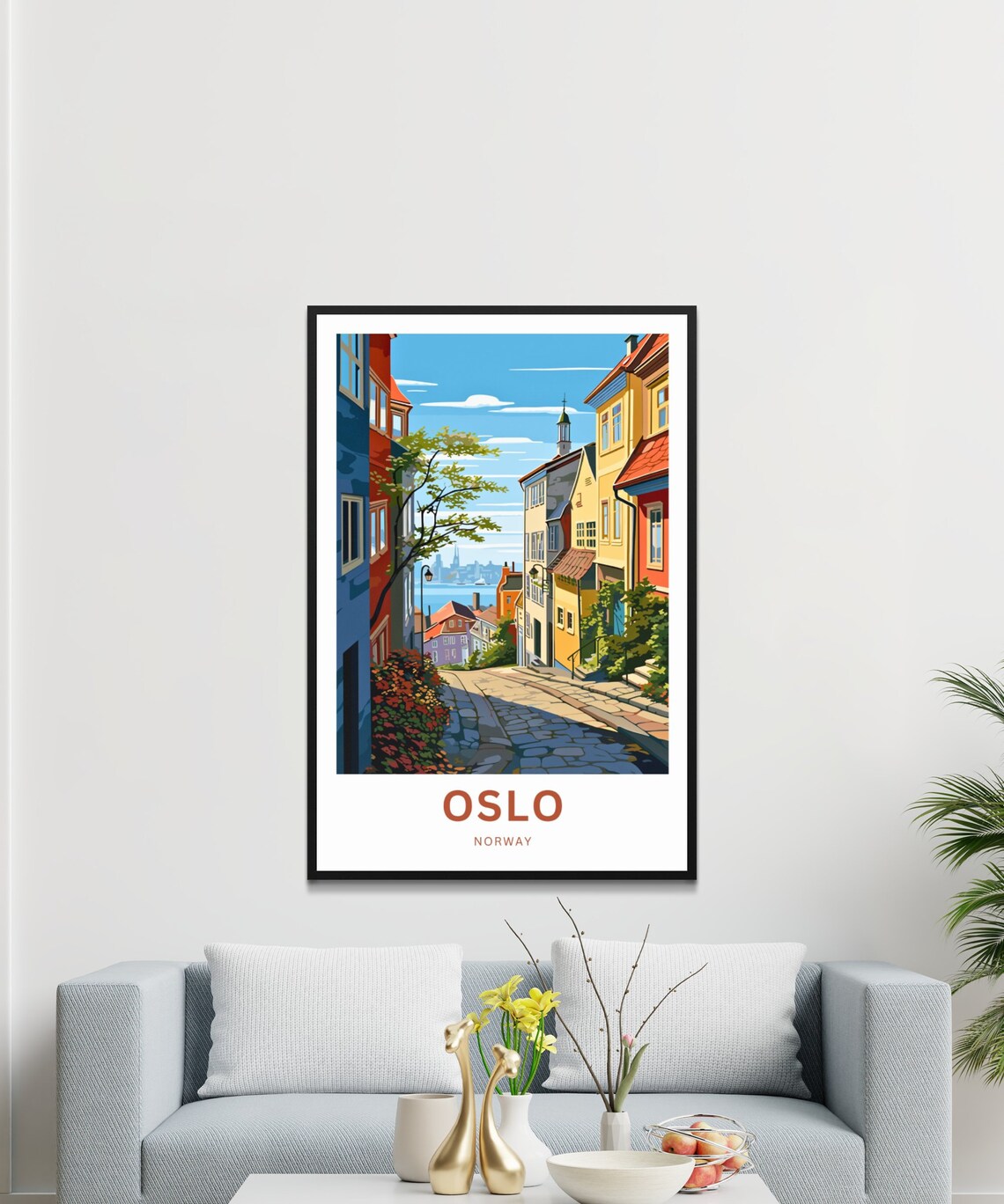 Oslo Norway Custom Text Cobblestone Lane Harbor View Travel Poster - Image 3
