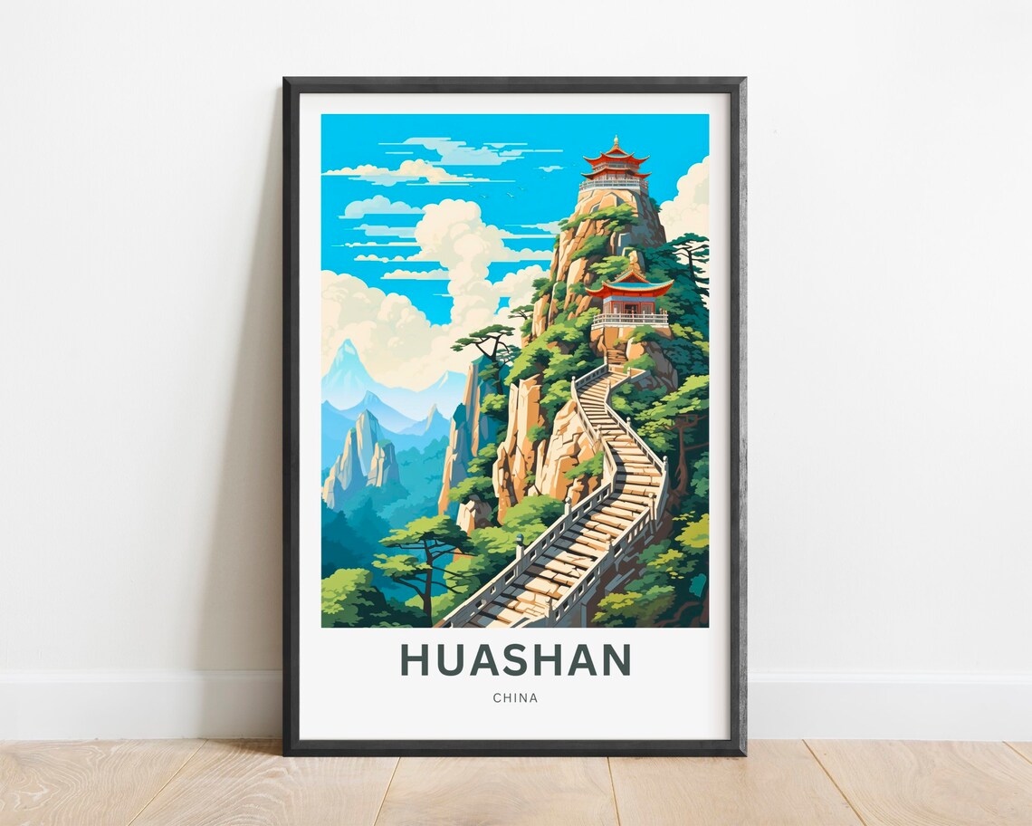 Huashan China Mountain Stairway Travel Poster Cliff Pavilion Peaks Decor