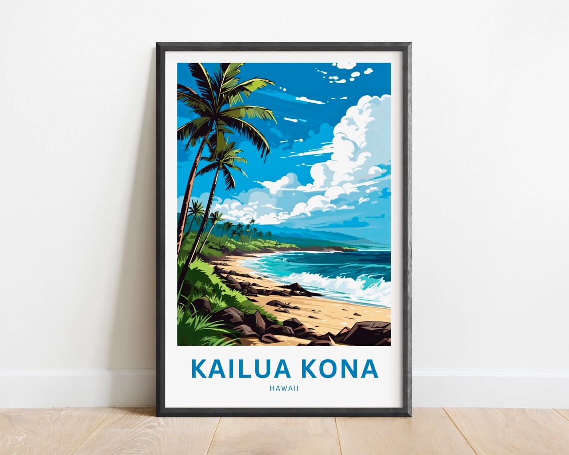 Kailua Kona Hawaii Swaying Palm Beach Golden Rocky Shore Poster
