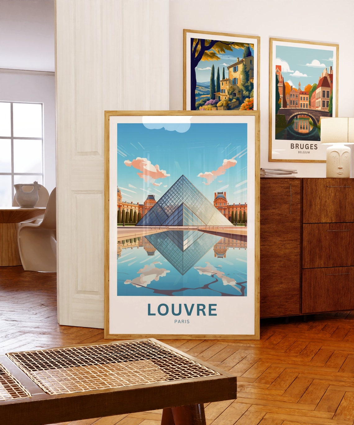 Louvre Paris Glass Pyramid Reflection Modern Vintage Travel Poster - Image 5