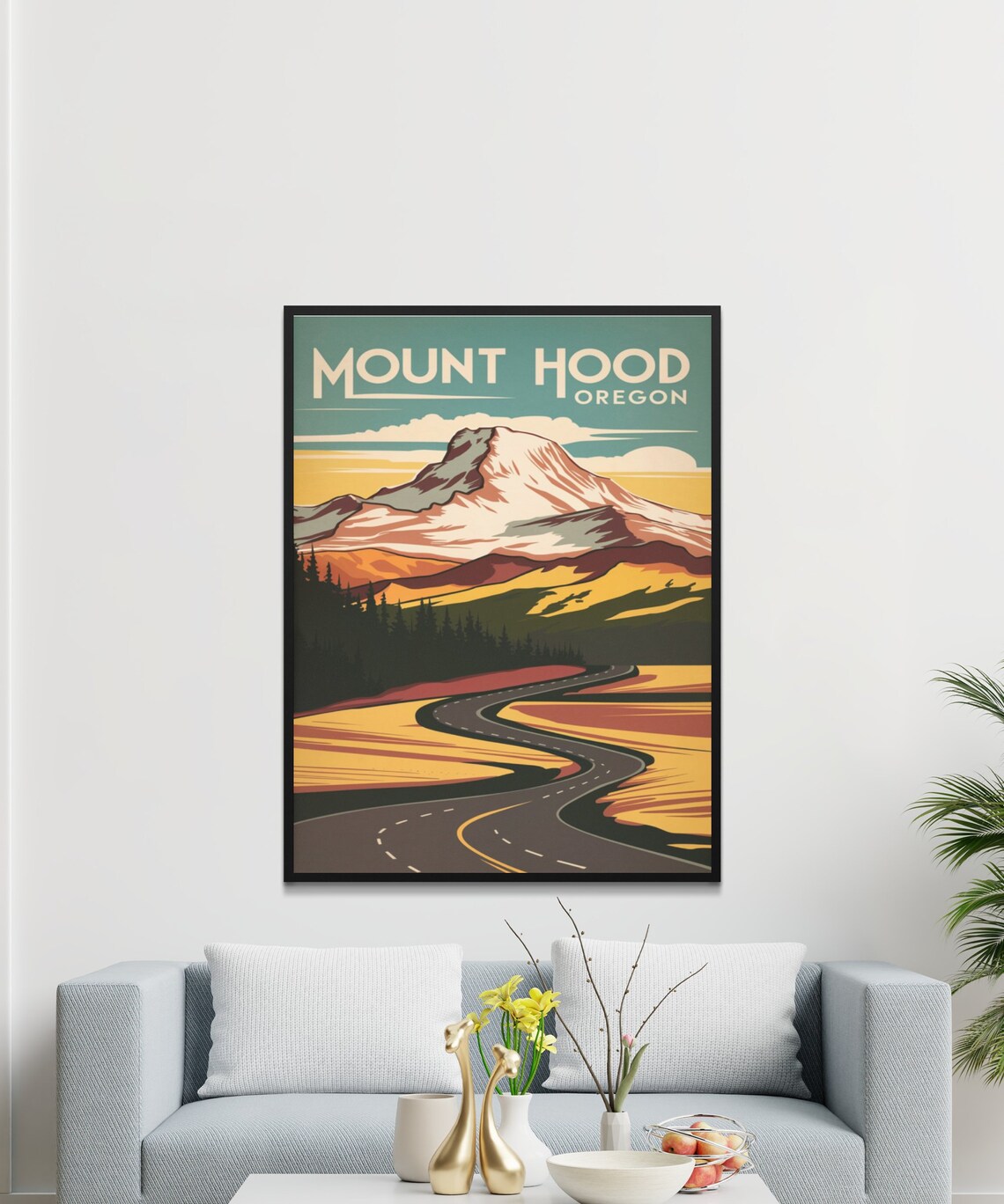 Mount Hood Oregon Retro Travel Poster with Sunset Road and Evergreens