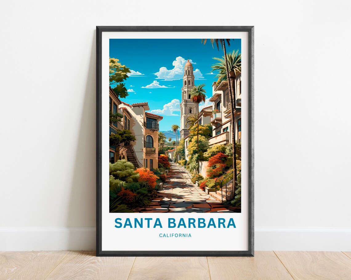 Santa Barbara California Bell Tower Flower Street Palms Travel Poster