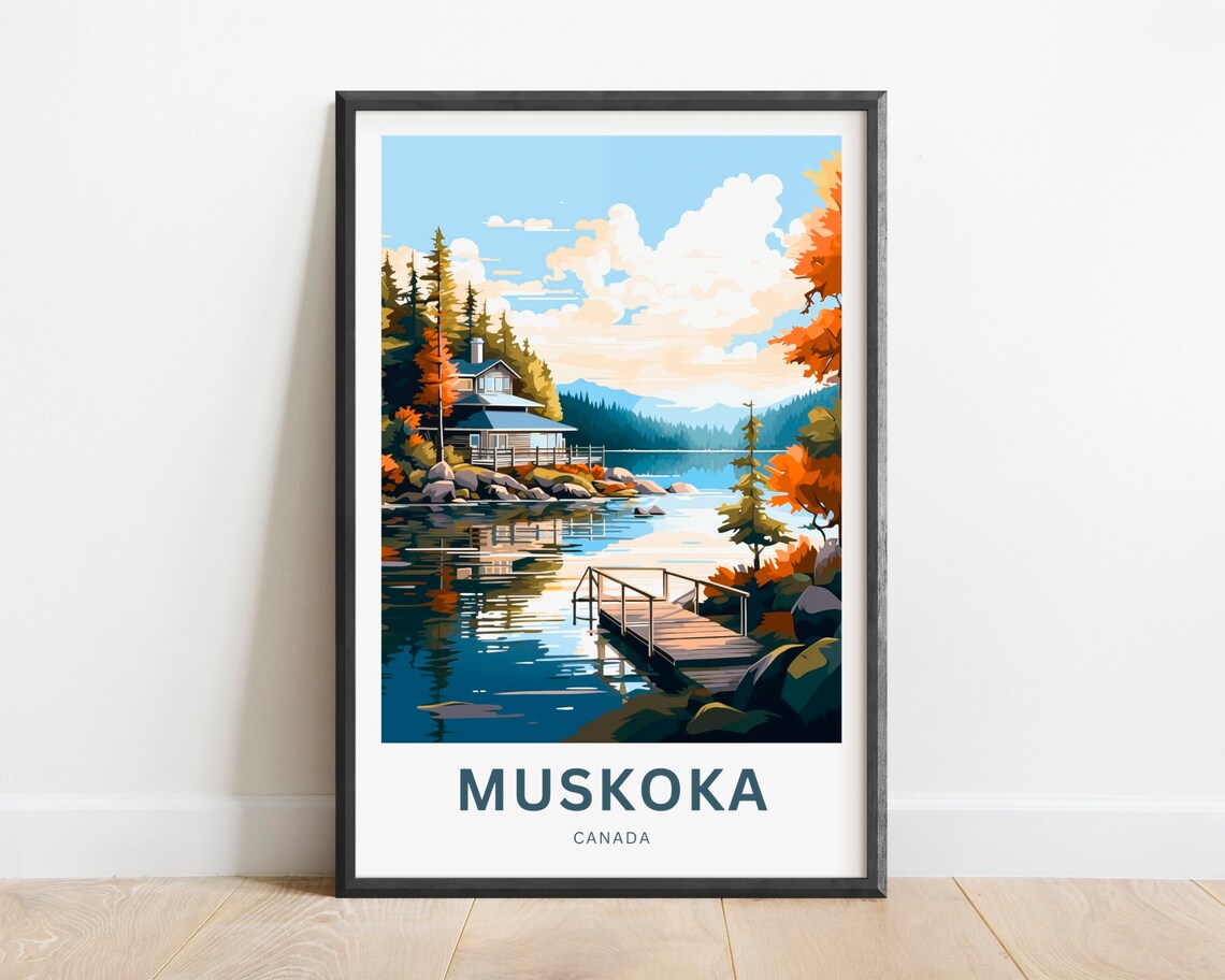 Muskoka Canada Autumn Lake Cottage Wooden Dock Art Travel Poster