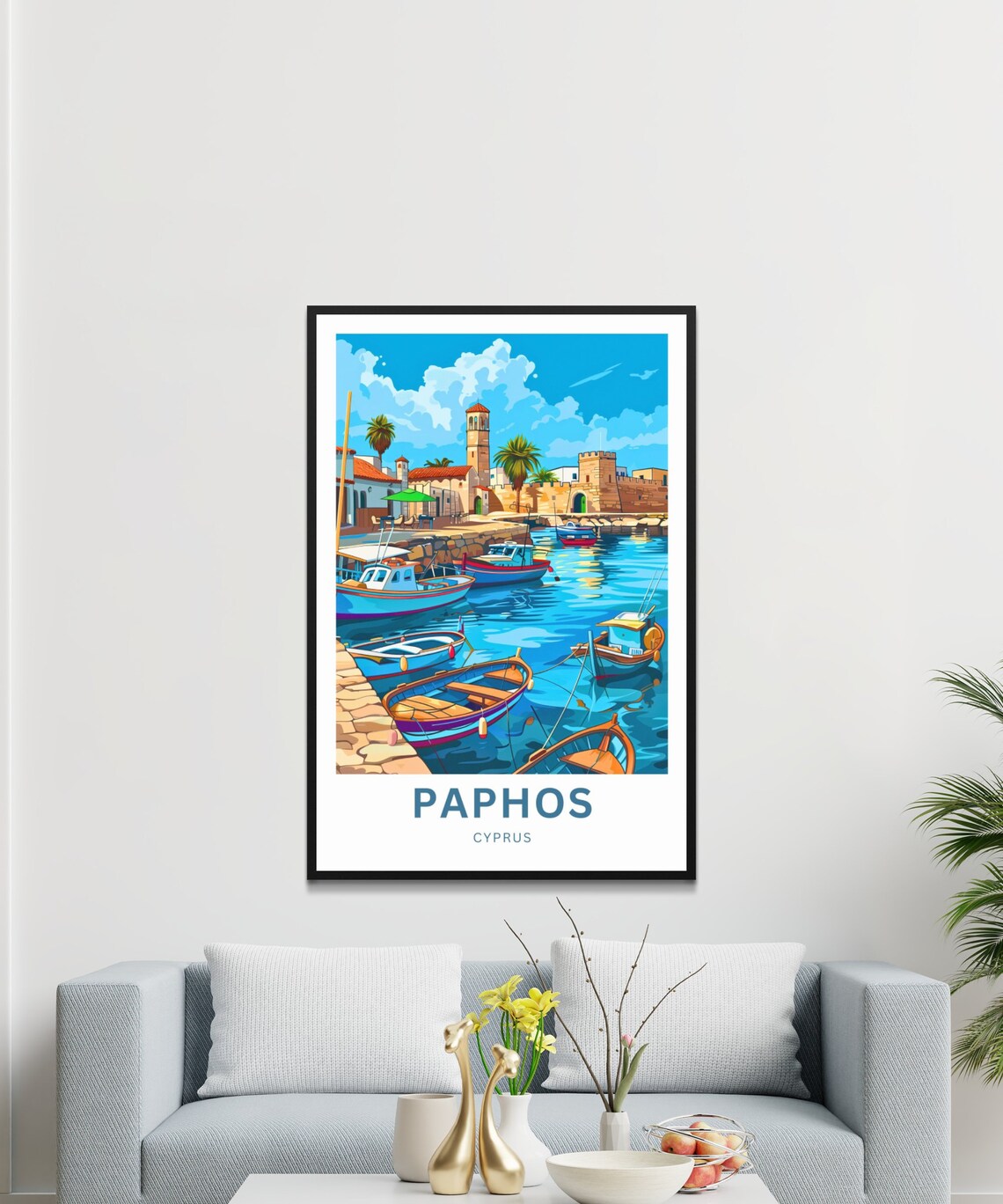 Paphos Cyprus Sunny Harbor Boats Castle Tower Travel Art Poster - Image 3