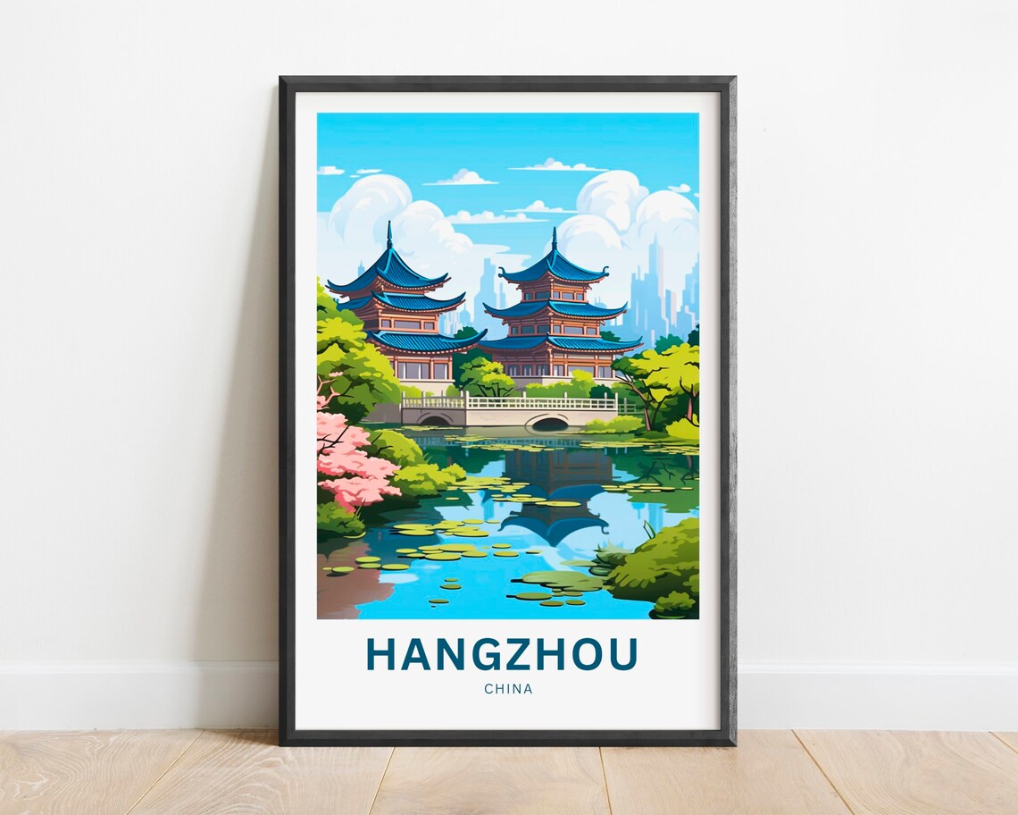 Hangzhou China Travel Poster Blue Pagoda Lotus Lake Spring Gardens