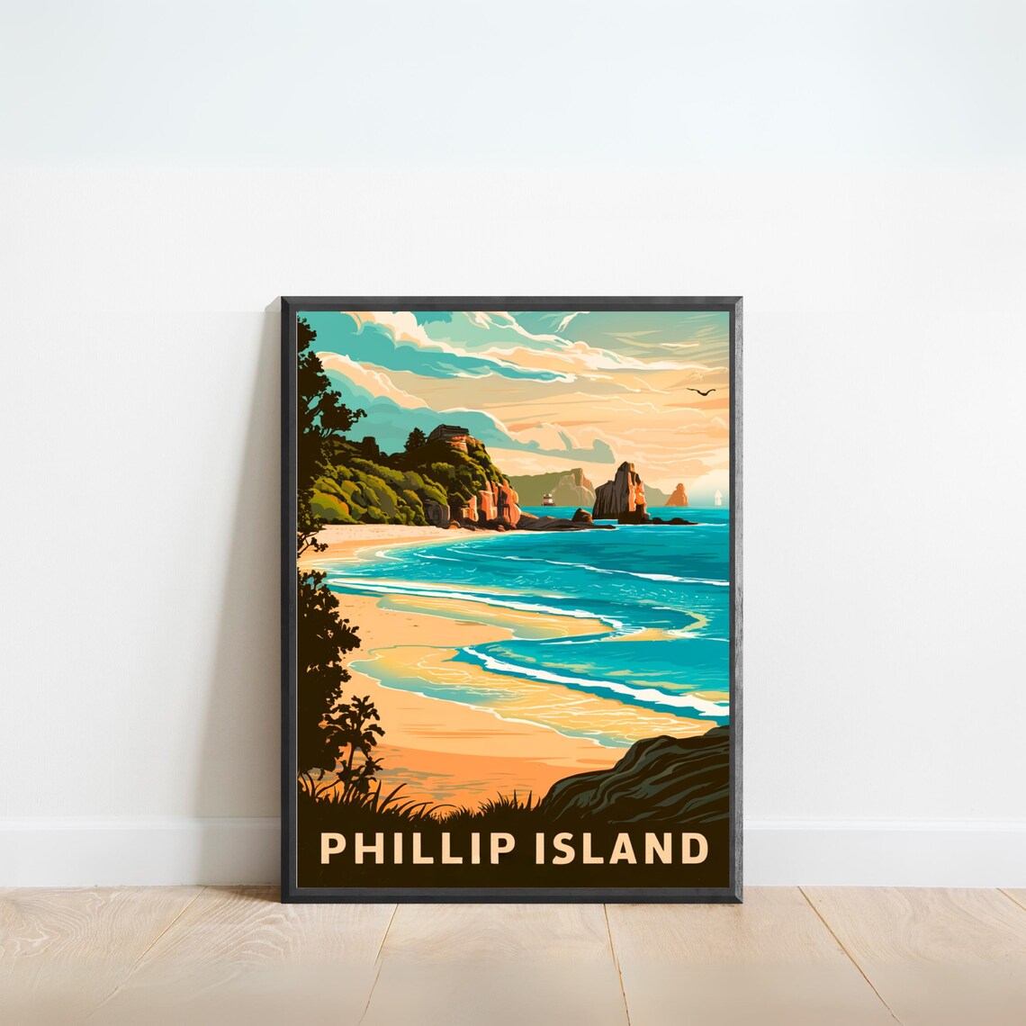 Phillip Island Australia Vintage Beach Sea Stacks Scene Poster
