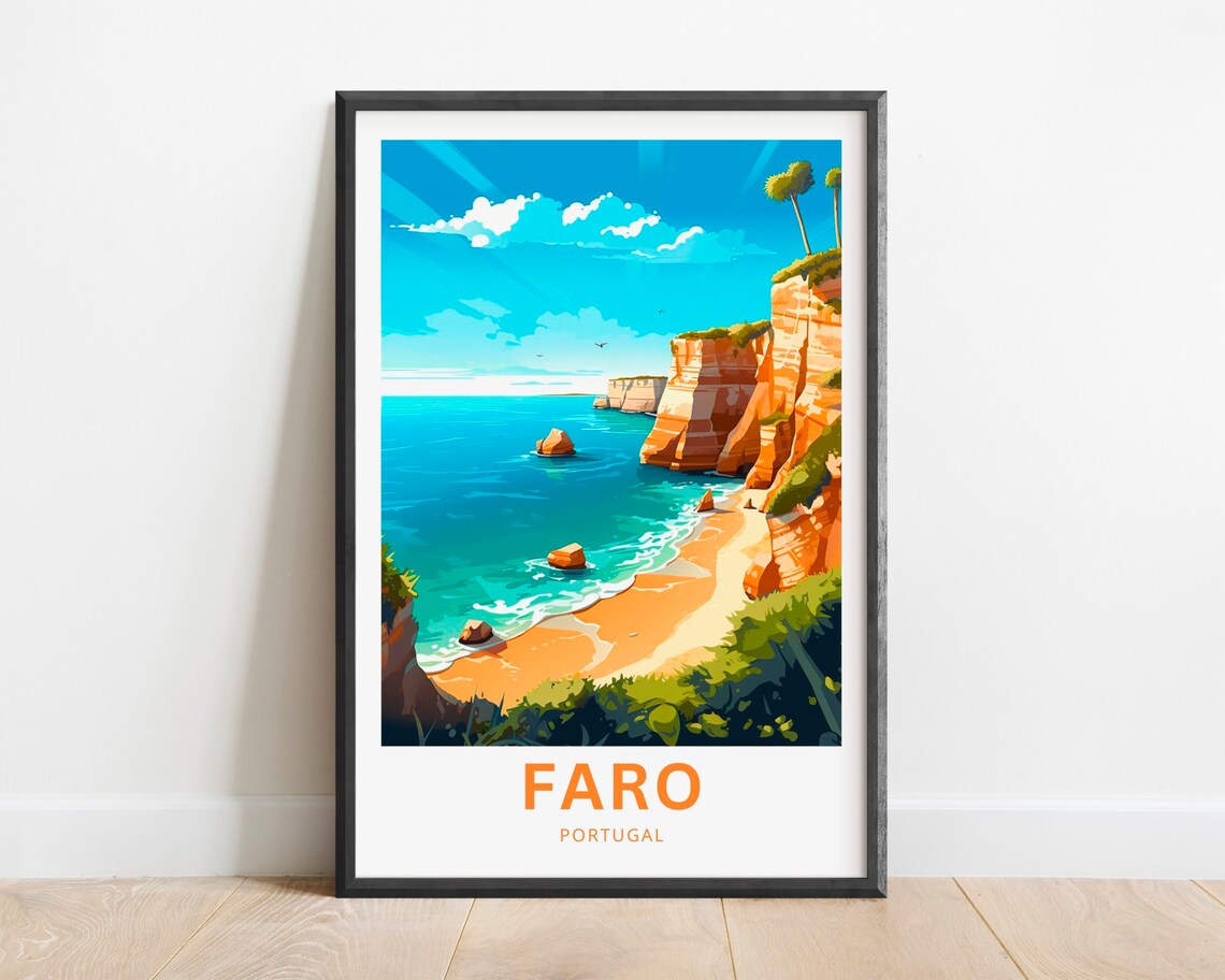 Faro Portugal Algarve Coastal Cliffs Beach Retro Travel Poster