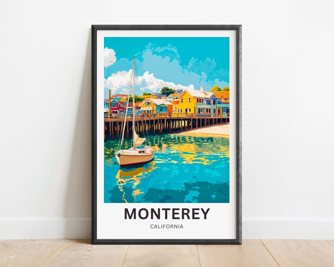 Monterey California Harbor Sailboat Colorful Pier Buildings Poster