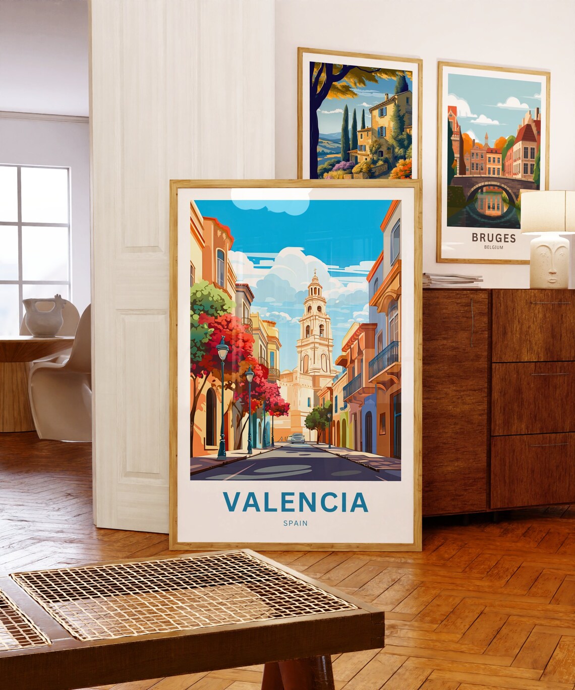 Valencia Spain Colorful Street Church Tower Illustration Poster - Image 5