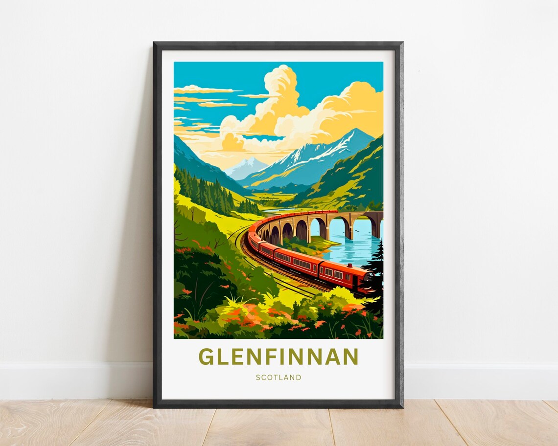 Glenfinnan Scotland Golden Sky Red Train Over Lakeside Viaduct Poster