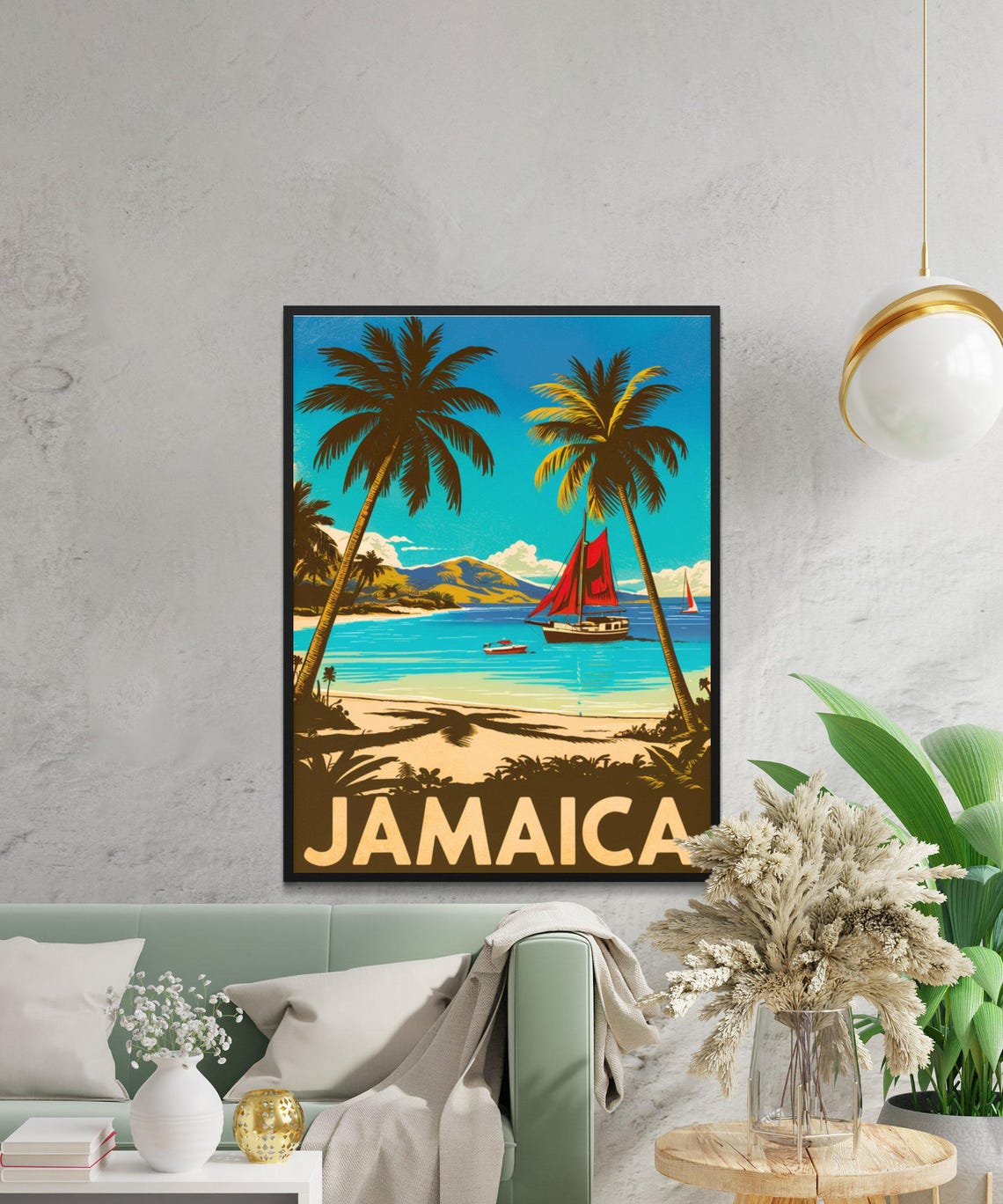 Jamaica Caribbean Sailboat Palm Beach Scene Vintage Travel Poster - Image 3