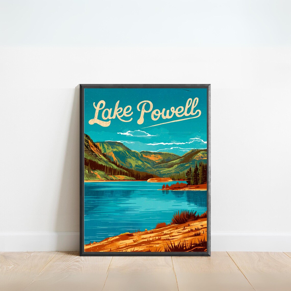 Lake Powell Vintage Turquoise Lake Mountain Travel Art Poster