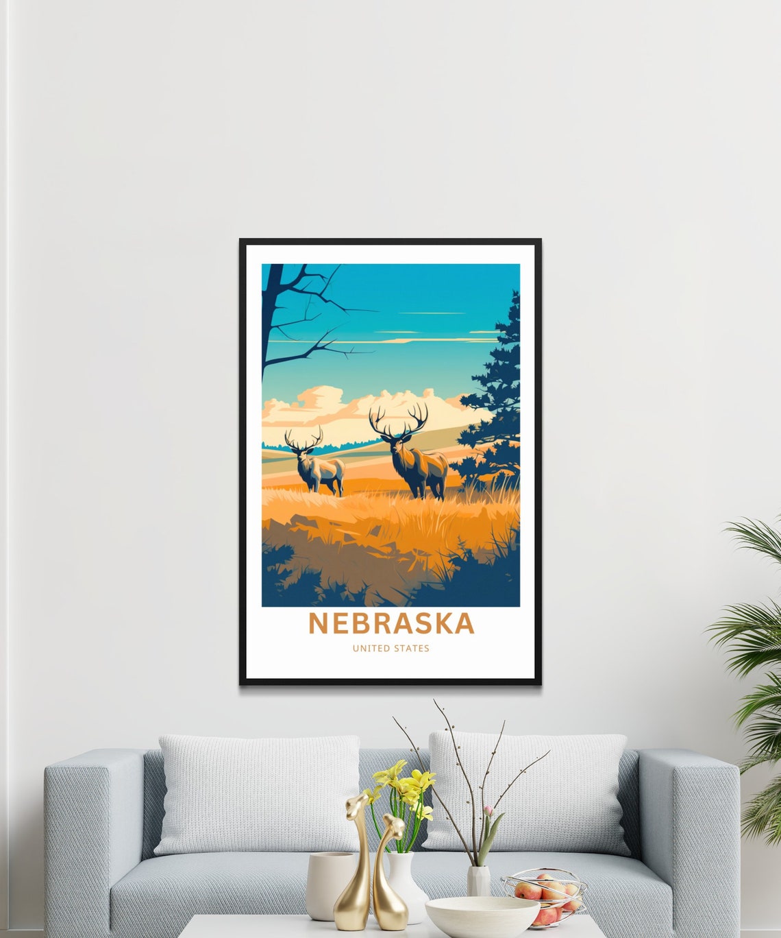 Nebraska Prairie Two Deer in Golden Grass Sunset Travel Poster - Image 3
