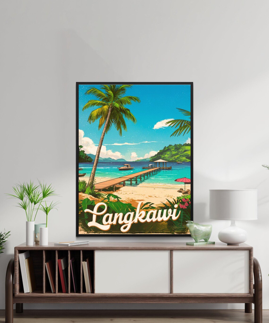 Langkawi Malaysia Vintage Beach Travel Poster Palm Tree and Pier - Image 3