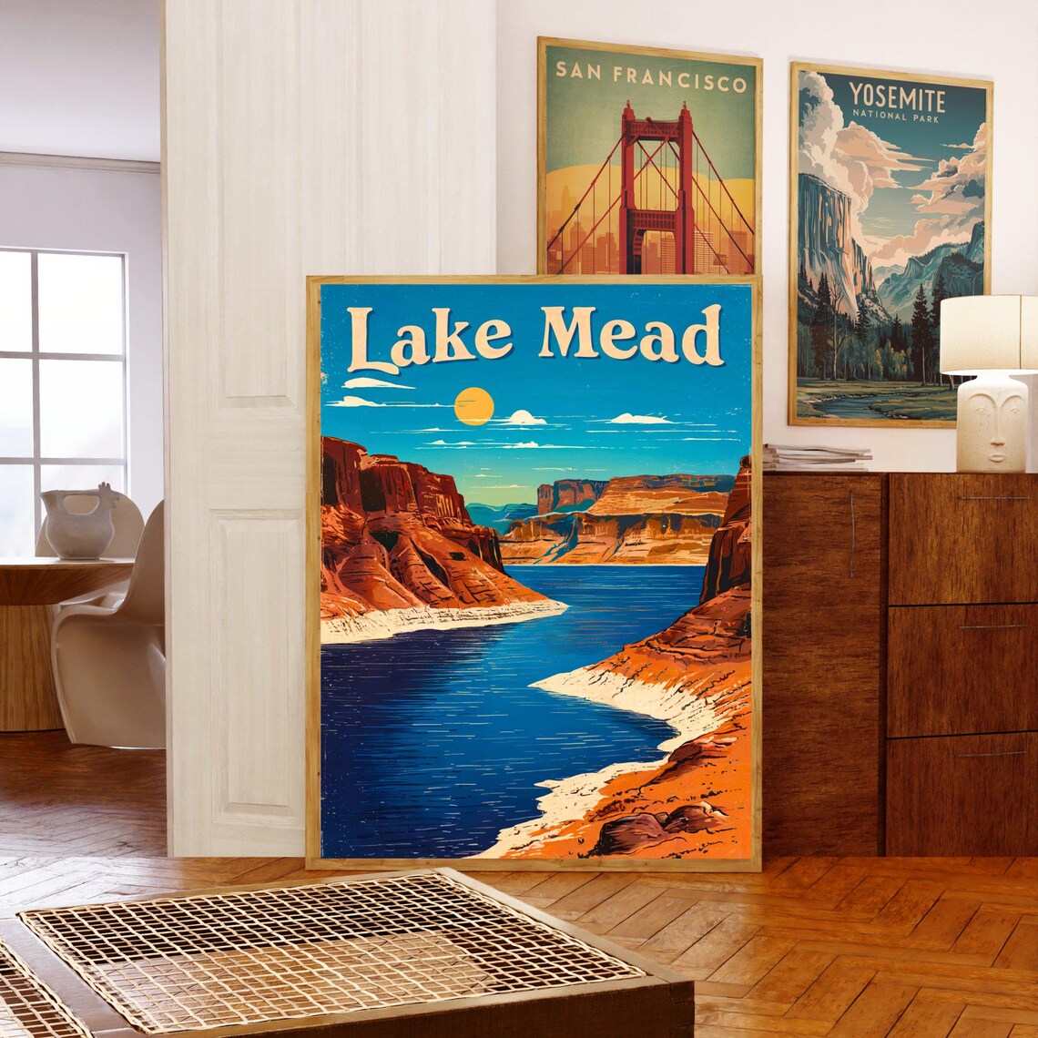 Lake Mead Red Rock Canyon Desert Lake Sunset Retro Travel Poster - Image 5