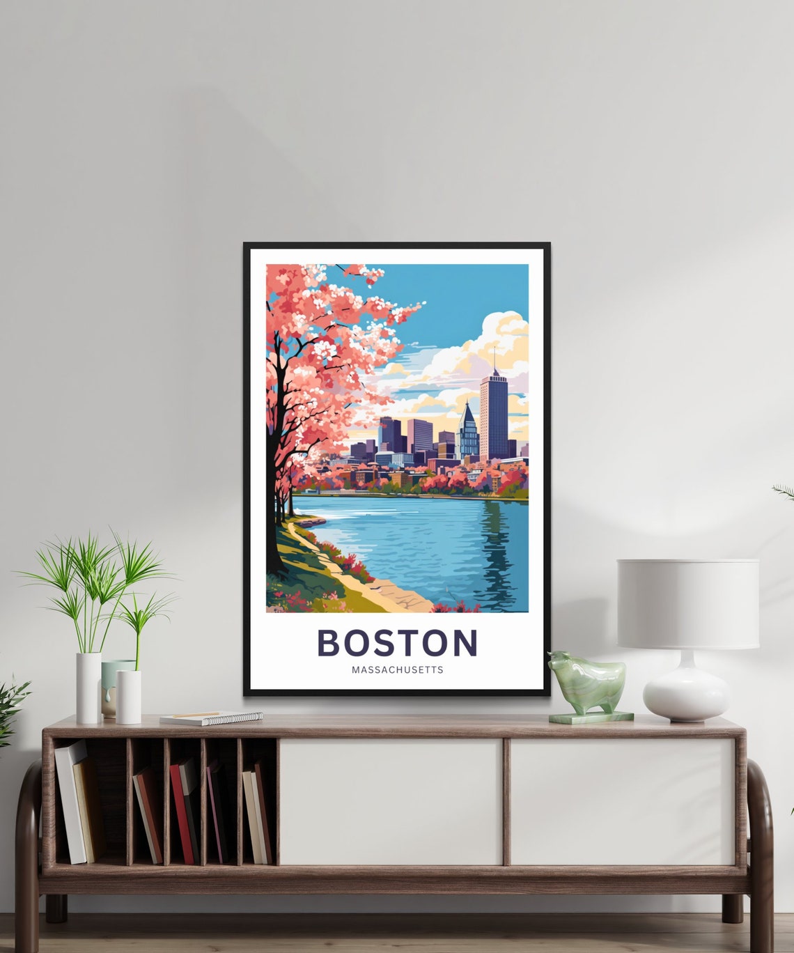 Boston Massachusetts Spring Cherry Blossom Skyline Travel Poster - Image 2