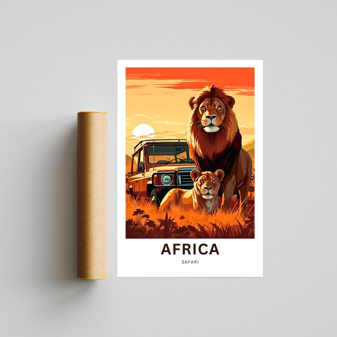 Africa Safari Lion Pair with Safari Vehicle Sunset Grass Poster - Image 4