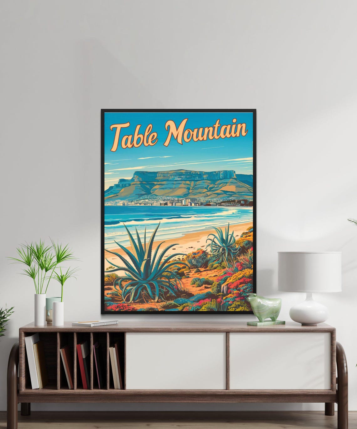 Table Mountain Cape Town Retro Beach Poster With Flat Top Peak View - Image 2