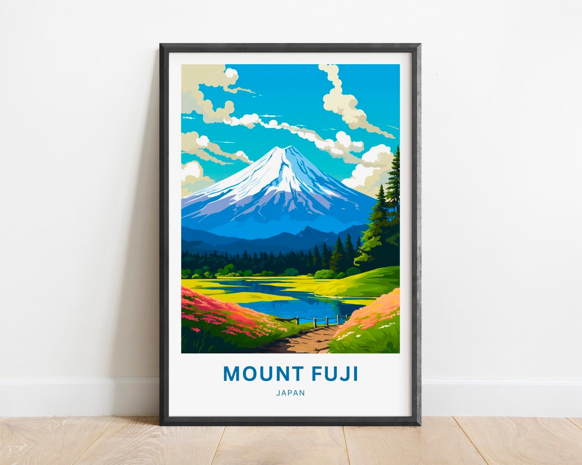 Mount Fuji Japan Snowcapped Peak Floral Lake Reflection Poster