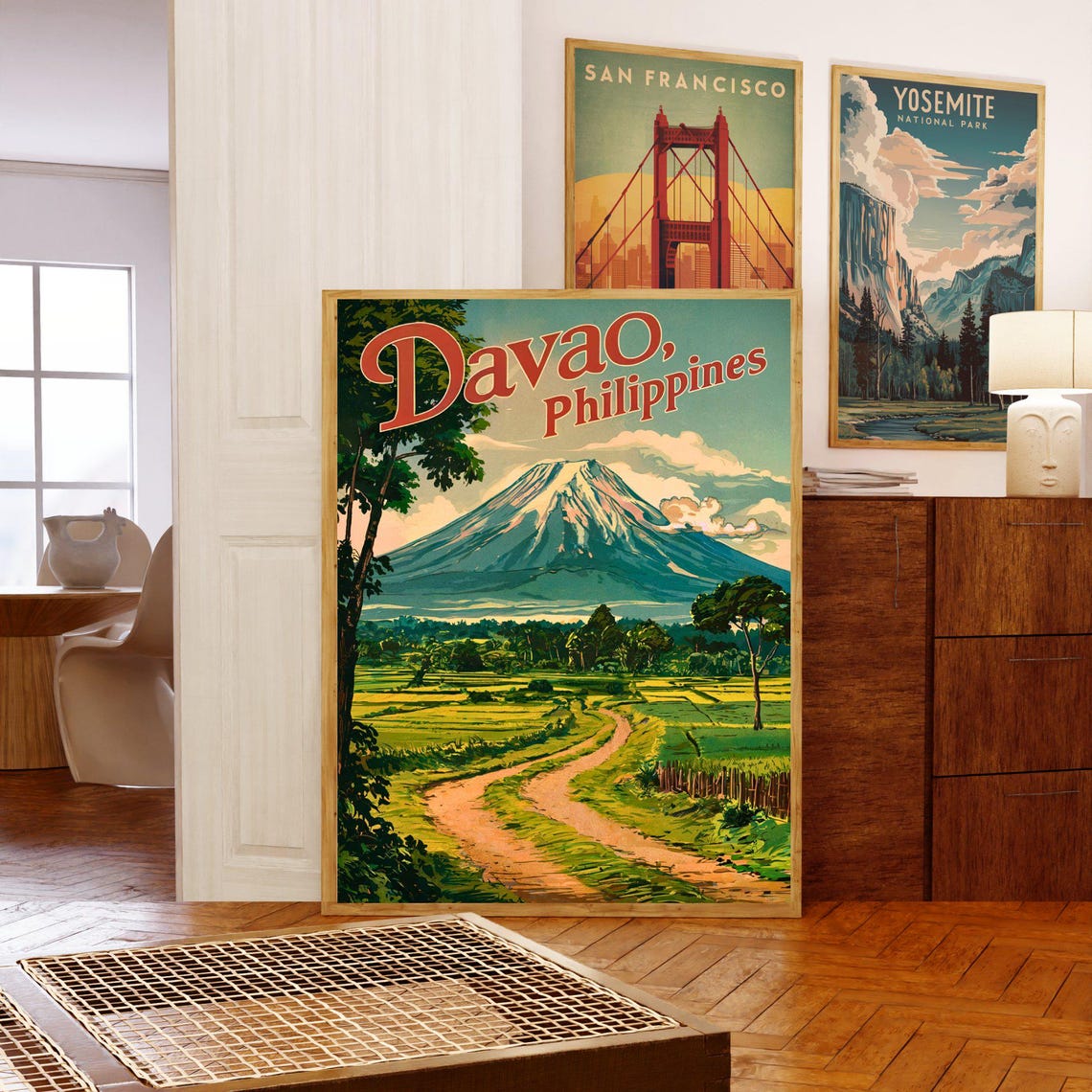 Davao Philippines Vintage Script Volcano Countryside Road Poster - Image 5