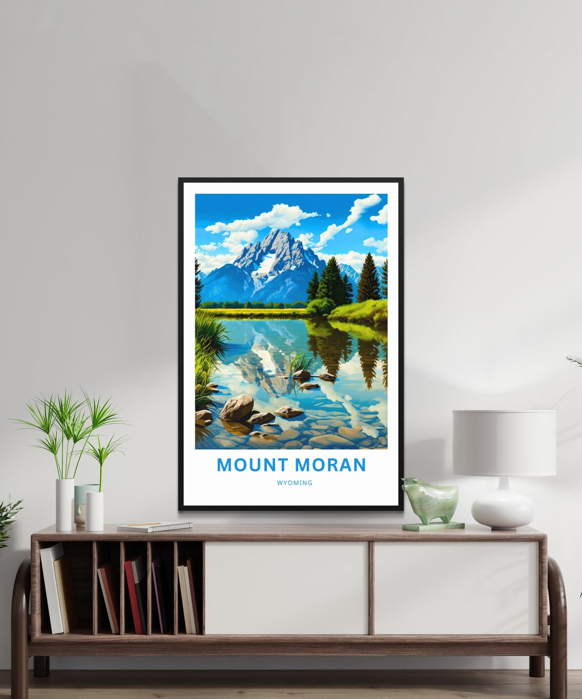 Mount Moran Wyoming Rocky Stream Peak Reflection Pine Shore Poster - Image 2
