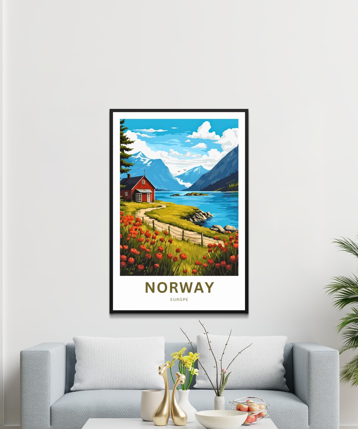 Norway Europe Travel Poster Lakeside Cabin Red Poppies Mountain View - Image 3