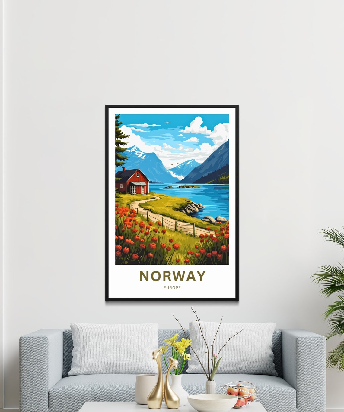 Personalized Norway Europe Travel Poster Lakeside Cabin Mountain View - Image 3