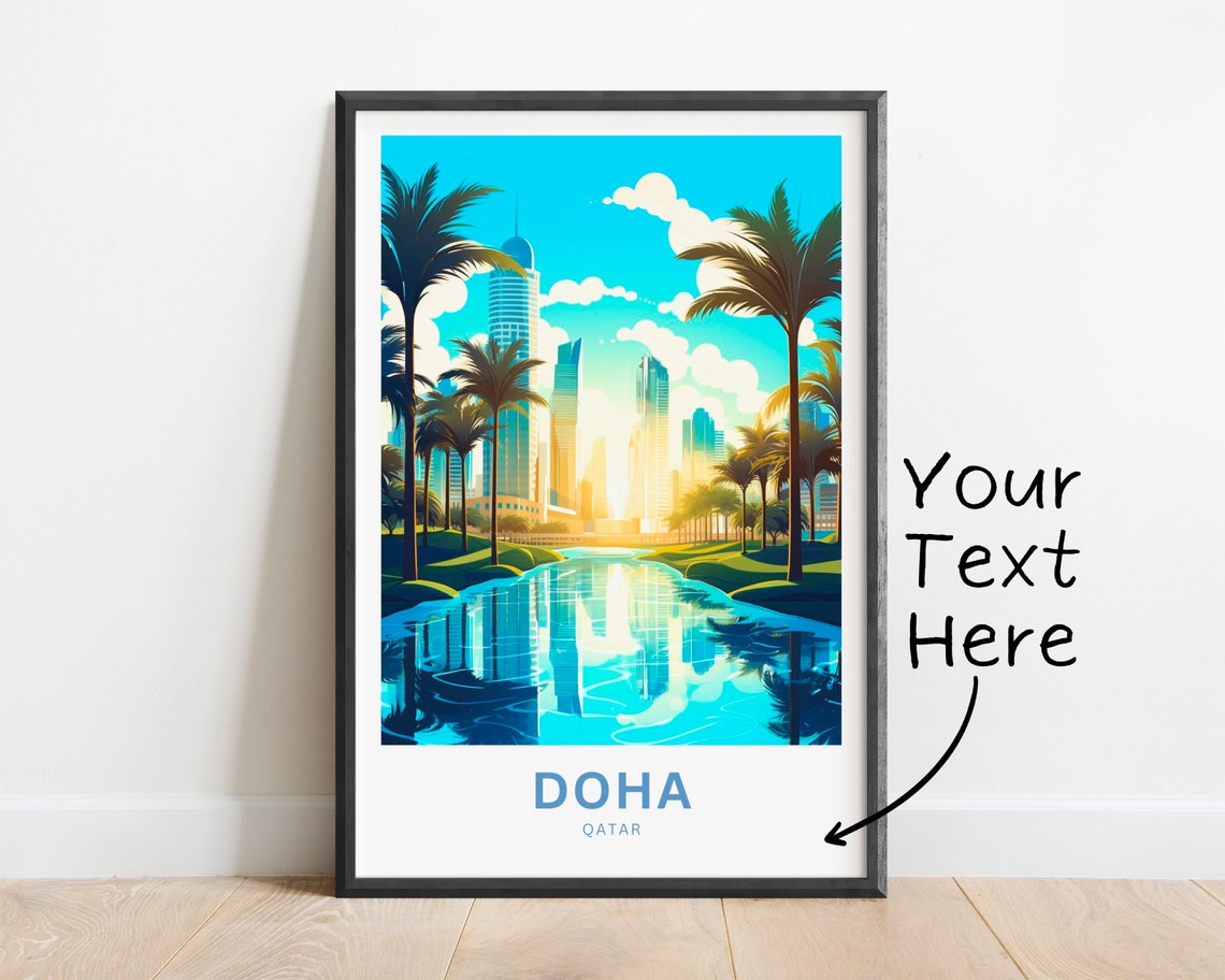Personalized Doha Qatar Skyline Palms Reflection Travel Poster