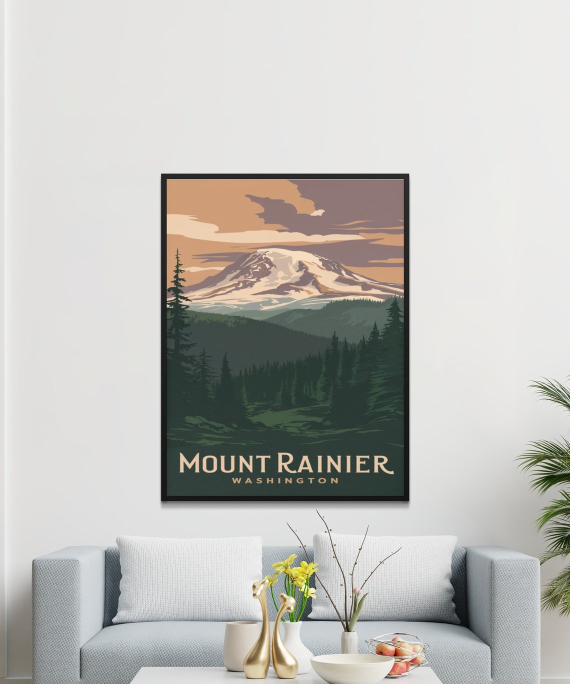 Mount Rainier Washington Vintage Poster with Forest and Sunset Glow