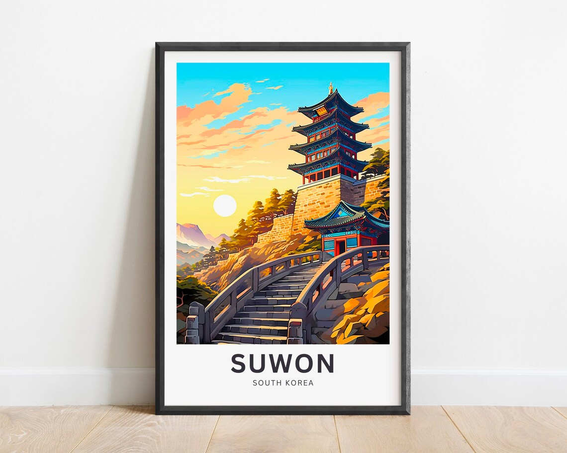 Suwon South Korea Hilltop Pagoda Fortress Golden Sunset Travel Poster