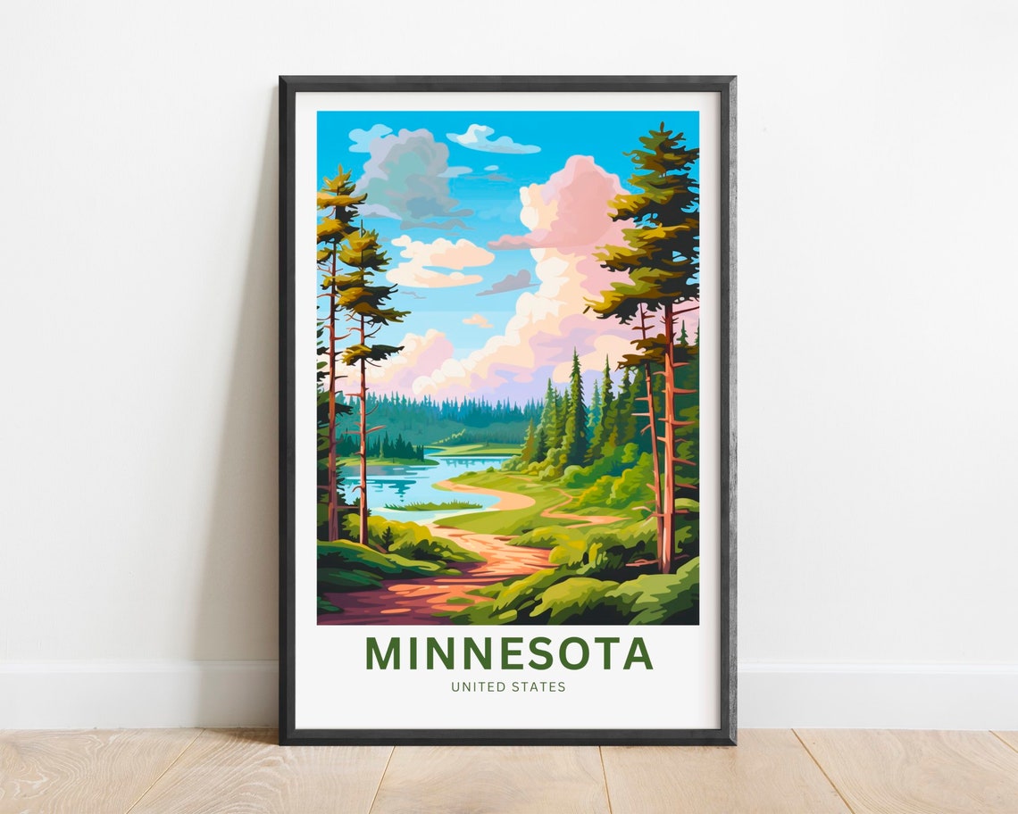 Minnesota United States Pine Forest Lake Summer Trail Travel Poster