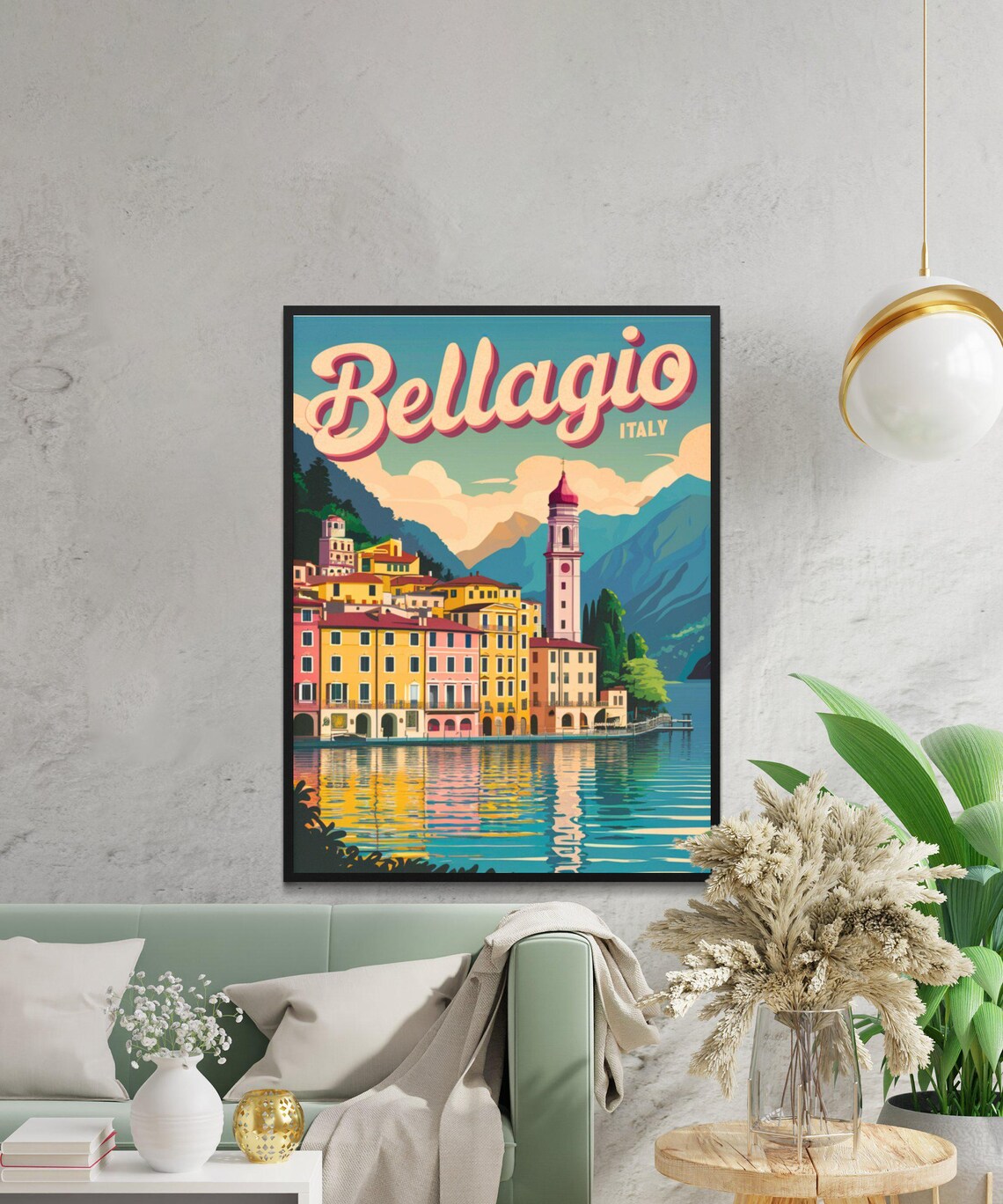Bellagio Italy Lake Town Bell Tower Waterfront Vintage Travel Poster - Image 3