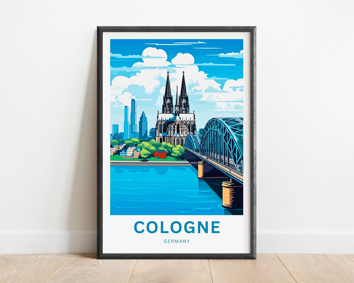 Cologne Germany Cathedral Bridge Bright Blue Sky View Poster