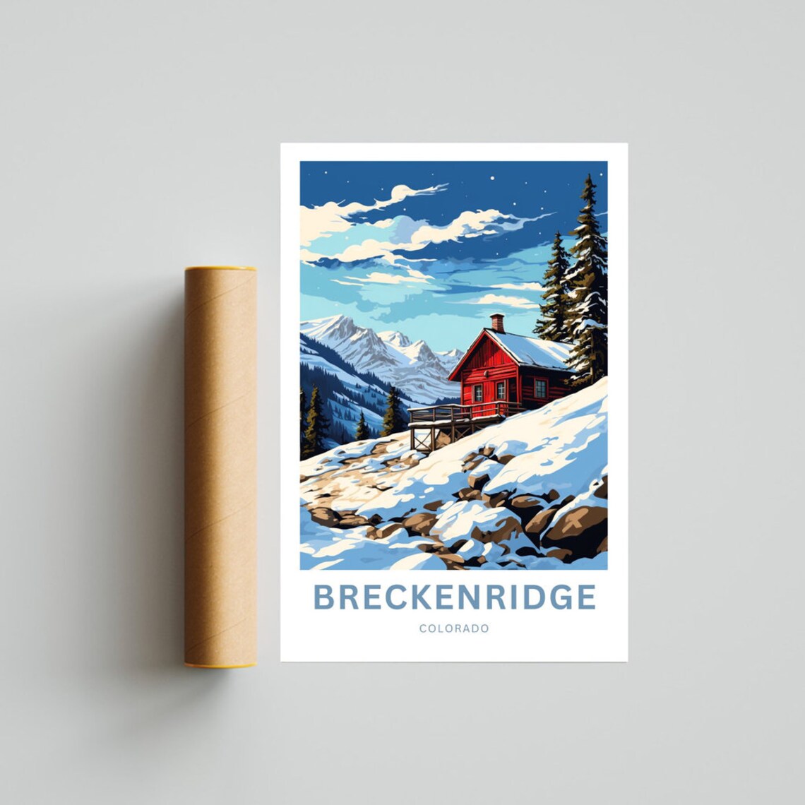 Breckenridge Colorado Red Cabin Snowy Mountains Night Sky Poster - Image 4