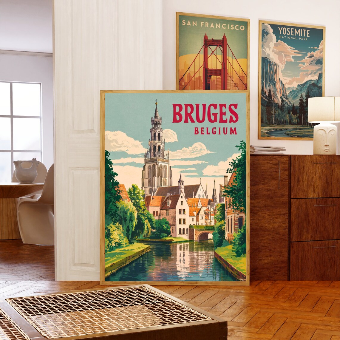 Bruges Belgium Canal Church Tower Green Riverside Poster Art - Image 5