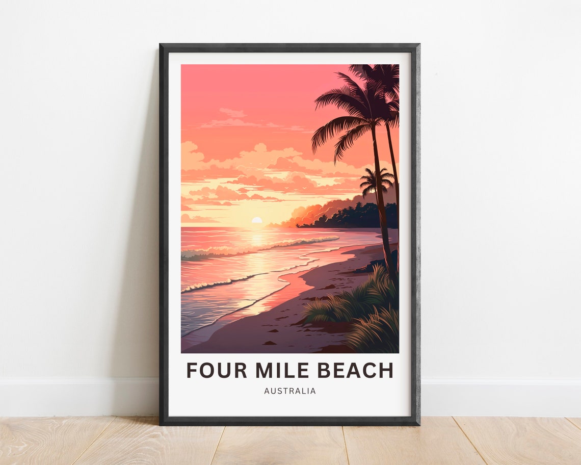 Four Mile Beach Australia Pink Sunset Vintage Travel Poster Palms Gift