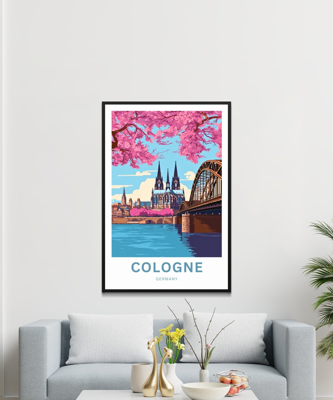 Cologne Germany Cathedral Cherry Blossom Riverside View Poster - Image 3