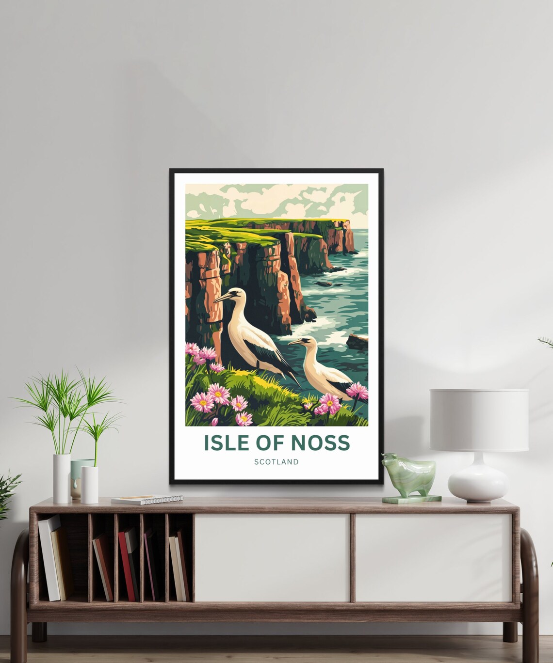 Isle of Noss Scotland Gannets by Red Cliffs with Wildflowers Poster - Image 3