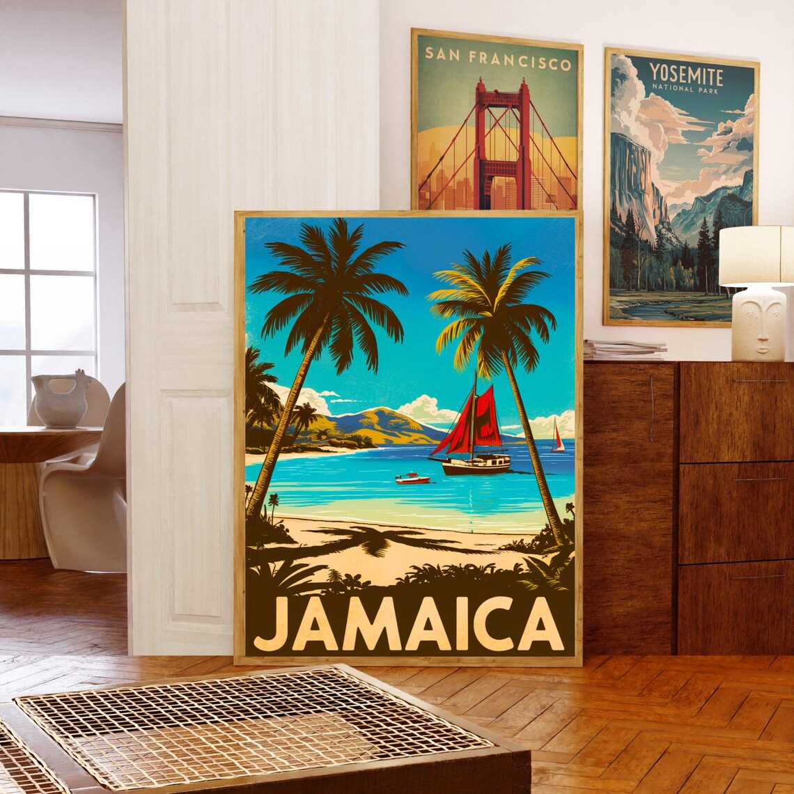 Jamaica Caribbean Sailboat Palm Beach Scene Vintage Travel Poster - Image 5