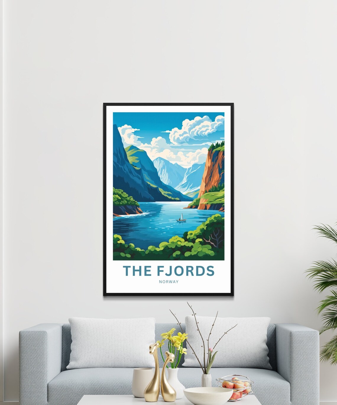 The Fjords Norway Sailboat Calm Blue Inlet Mountain Travel Poster - Image 3