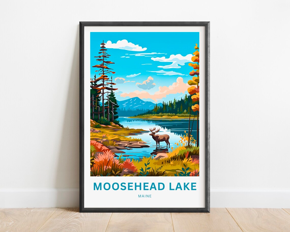 Moosehead Lake Maine Moose Wading Autumn Lakeshore Travel Poster