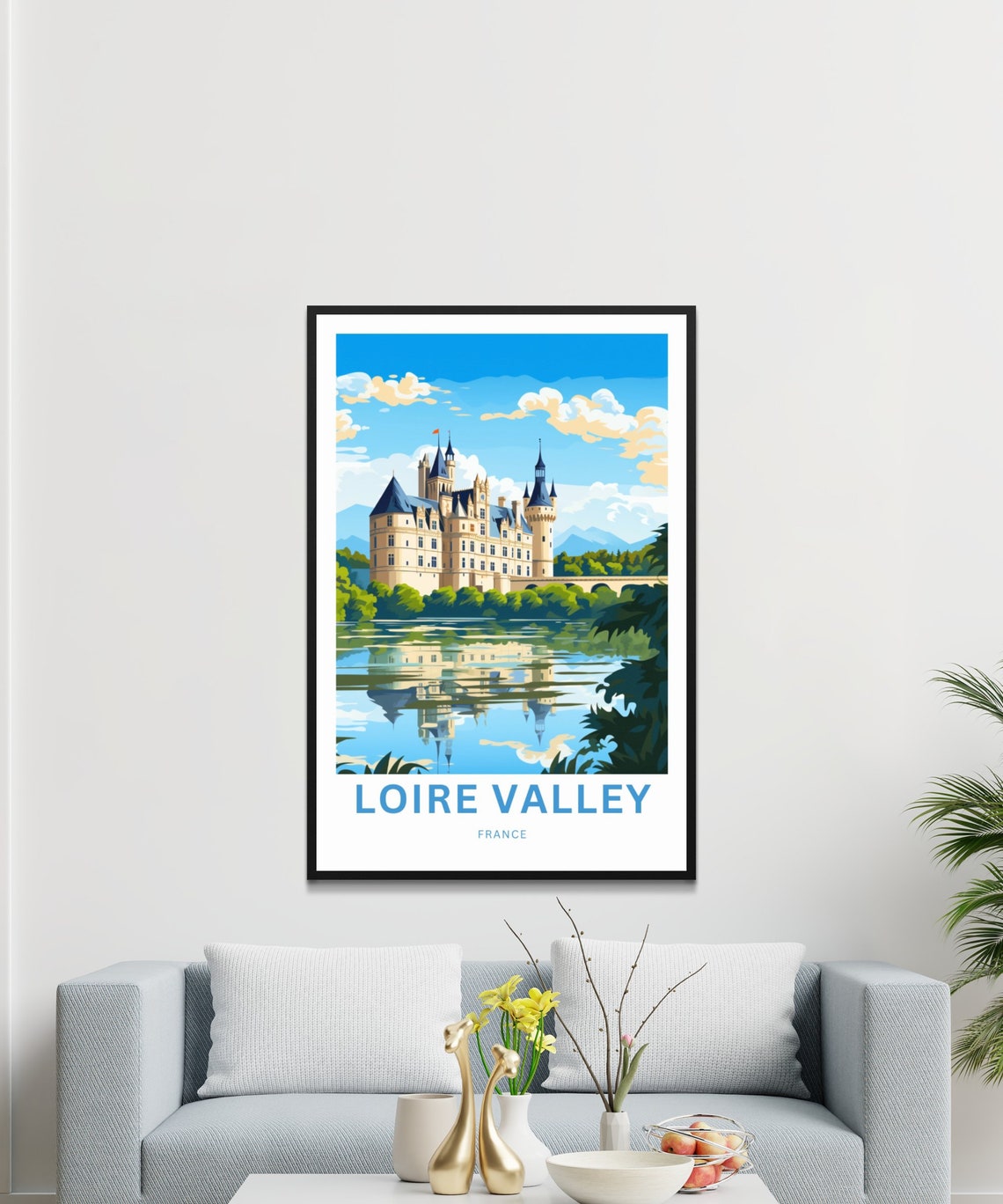 Loire Valley France Chateau Lakeside Reflection Castle Travel Poster - Image 3