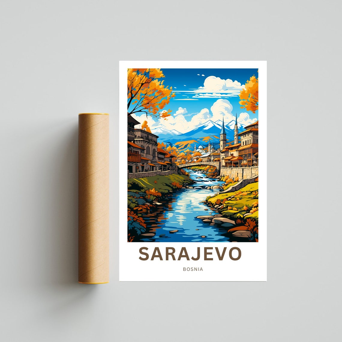Sarajevo Bosnia Old Town River Autumn Mountains Travel Poster - Image 4