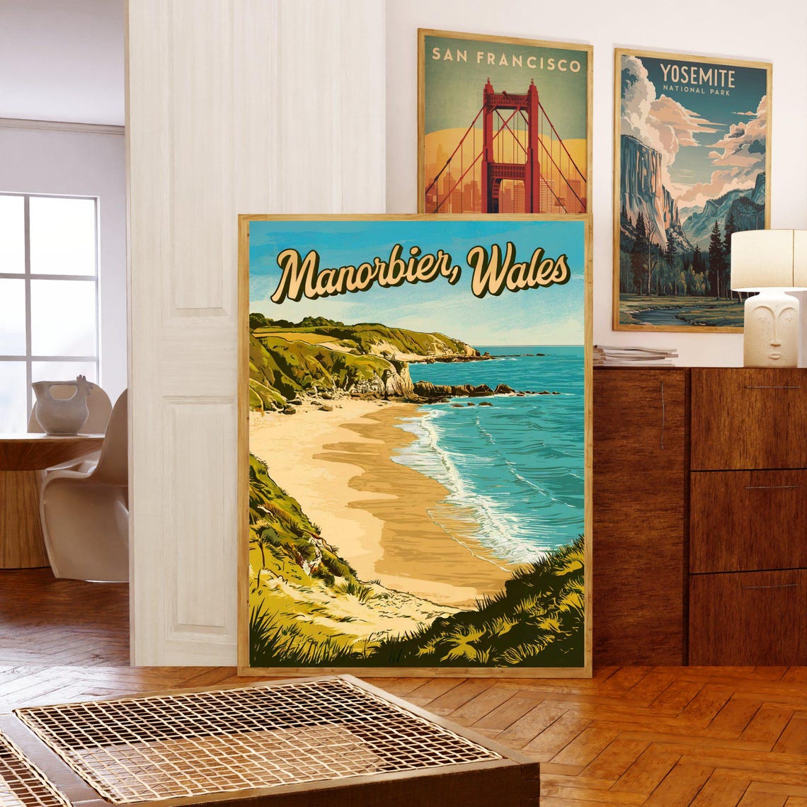 Manorbier Wales Vintage Retro Coastal Beach Scene Travel Poster - Image 5