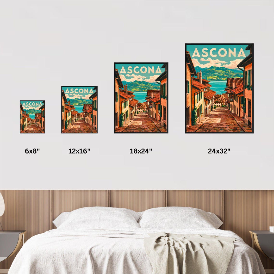 Ascona Bold Lettering Cobblestone Lane Lake Mountains Travel Poster - Image 3