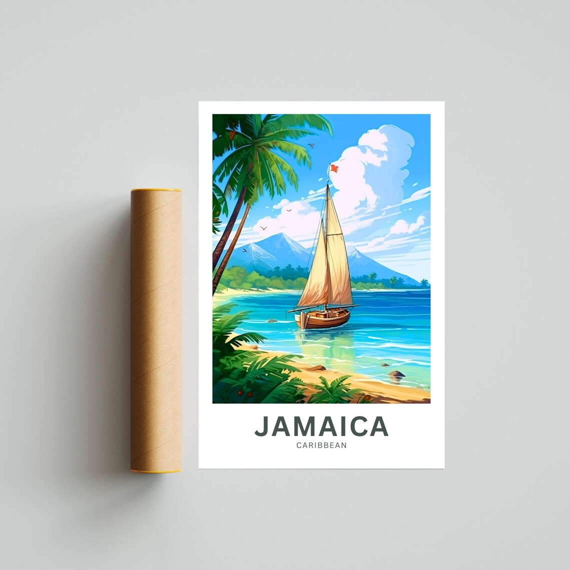 Jamaica Caribbean Sailboat on Turquoise Beach Retro Travel Poster - Image 4