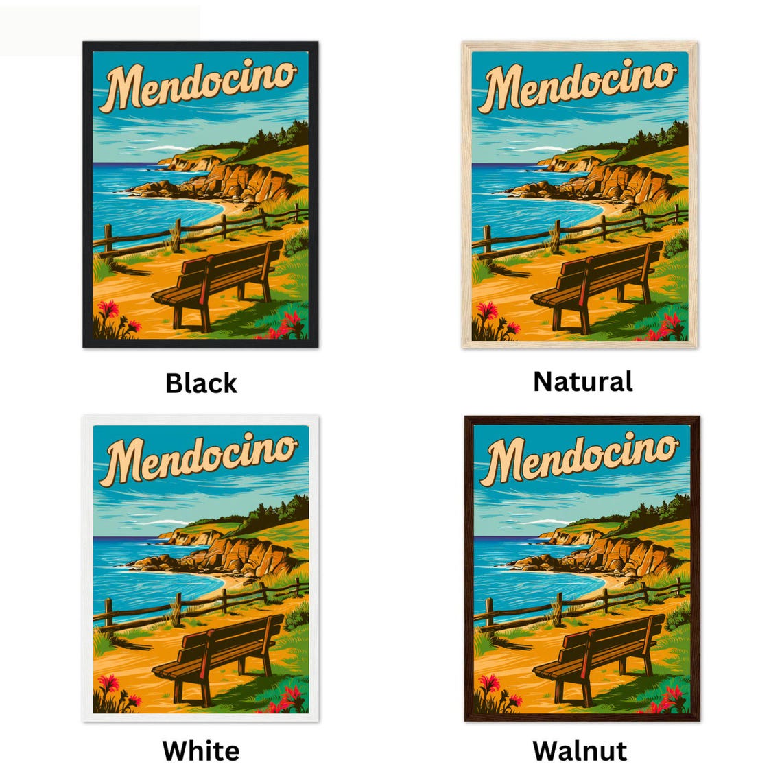 Mendocino Vintage Coastal Cliffs Ocean Bench View Travel Poster - Image 2