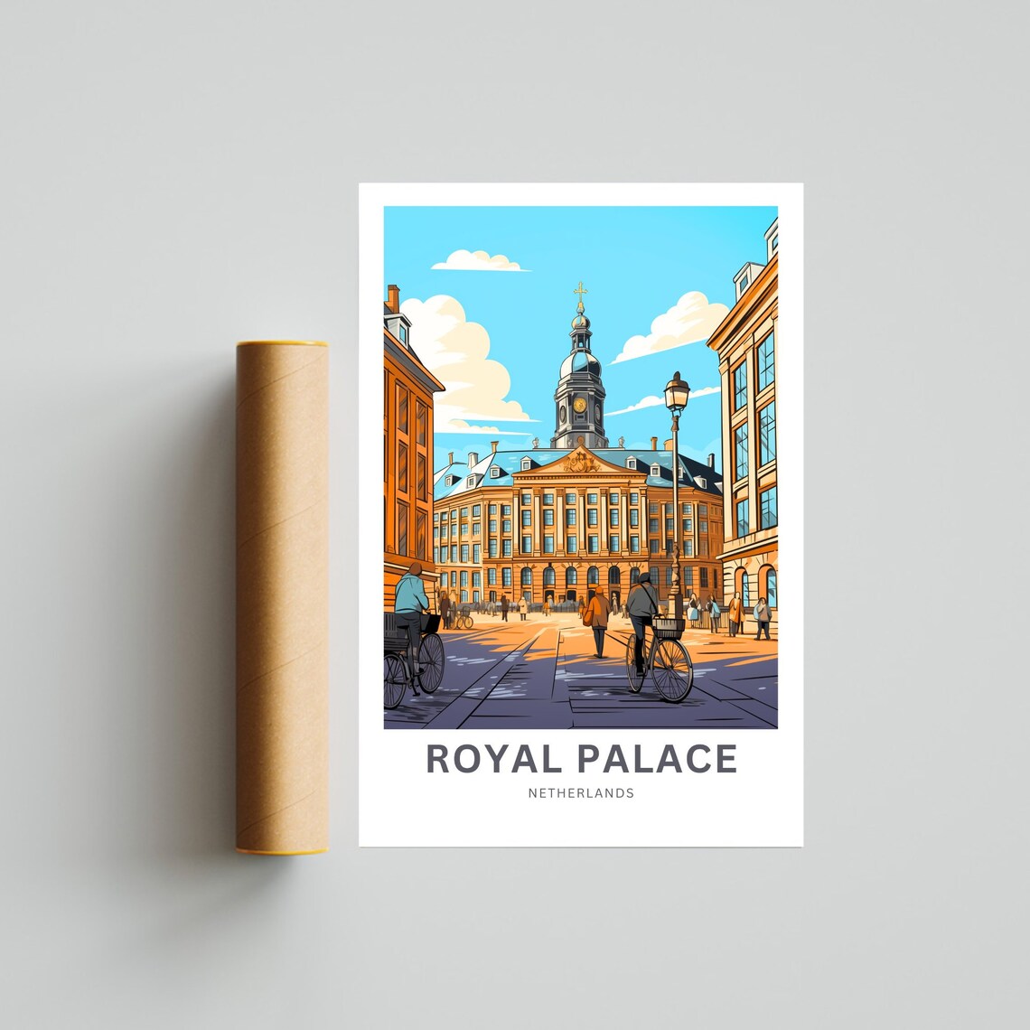Royal Palace Netherlands Cyclists Street Scene Travel Poster - Image 2
