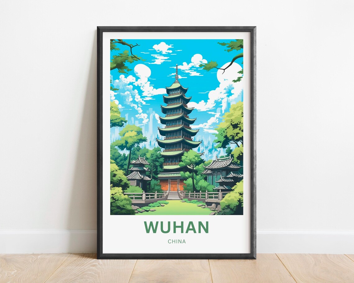 Wuhan China Customizable Green Pagoda Temple Landmark Poster - Image 2