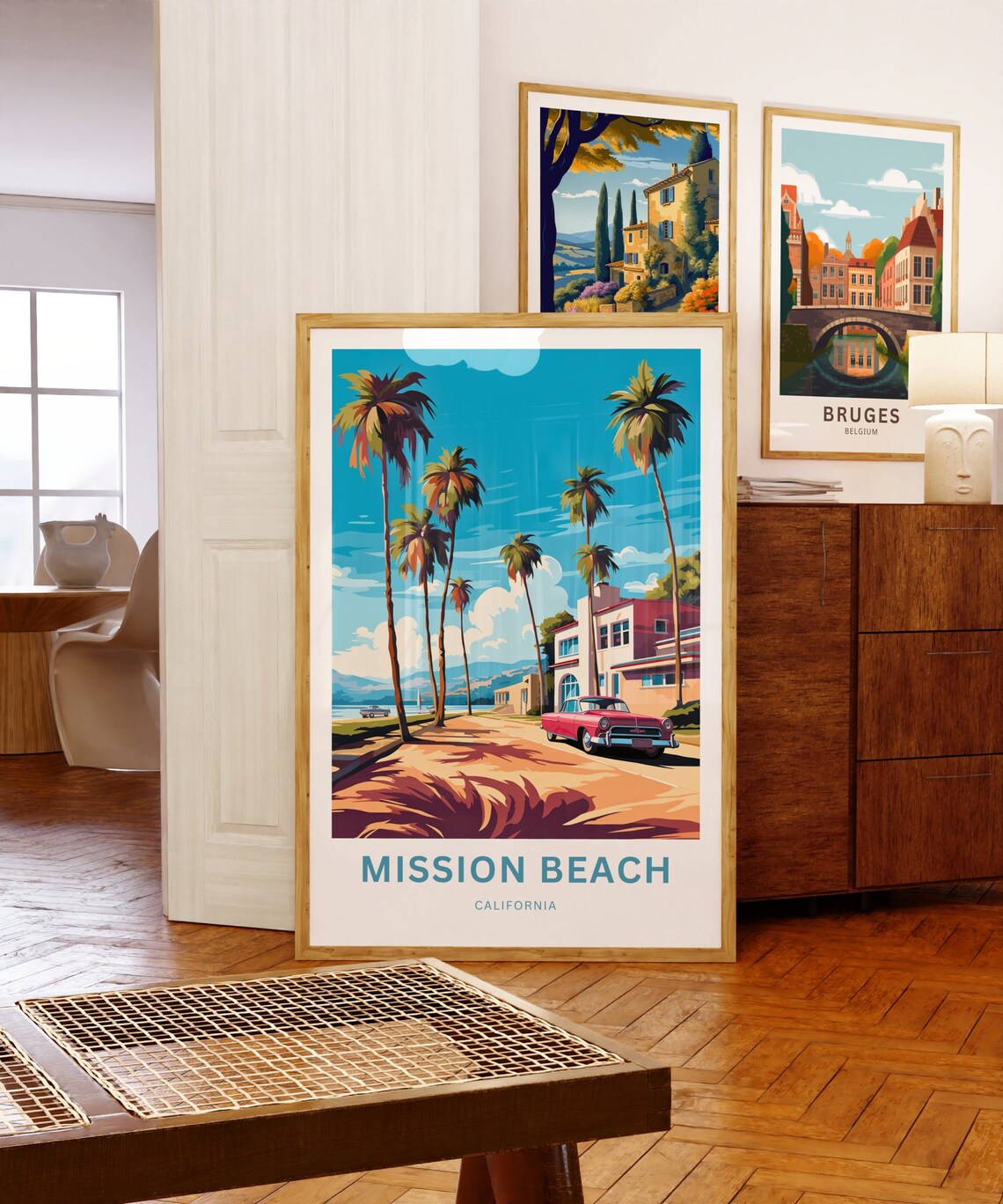 Mission Beach California Palm Trees Red Classic Car Travel Poster - Image 3